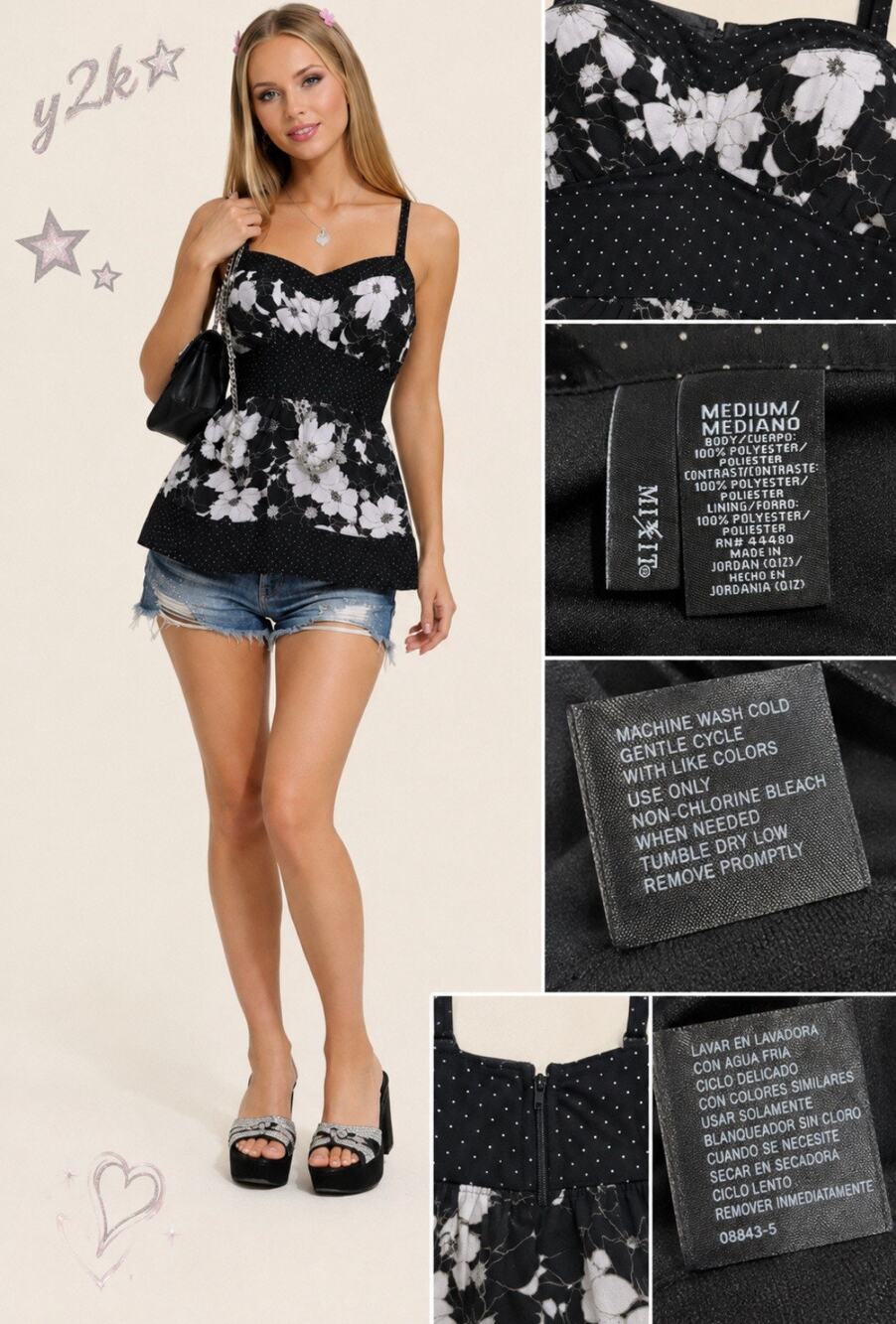 Y2K Babydoll Girly MIXIT Women's Peplum Top Size M Black White Floral Polka Dot
